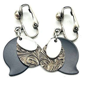 Triple Layer Clip On Earrings Silver Tone Embossed Charms Hurricane Storm